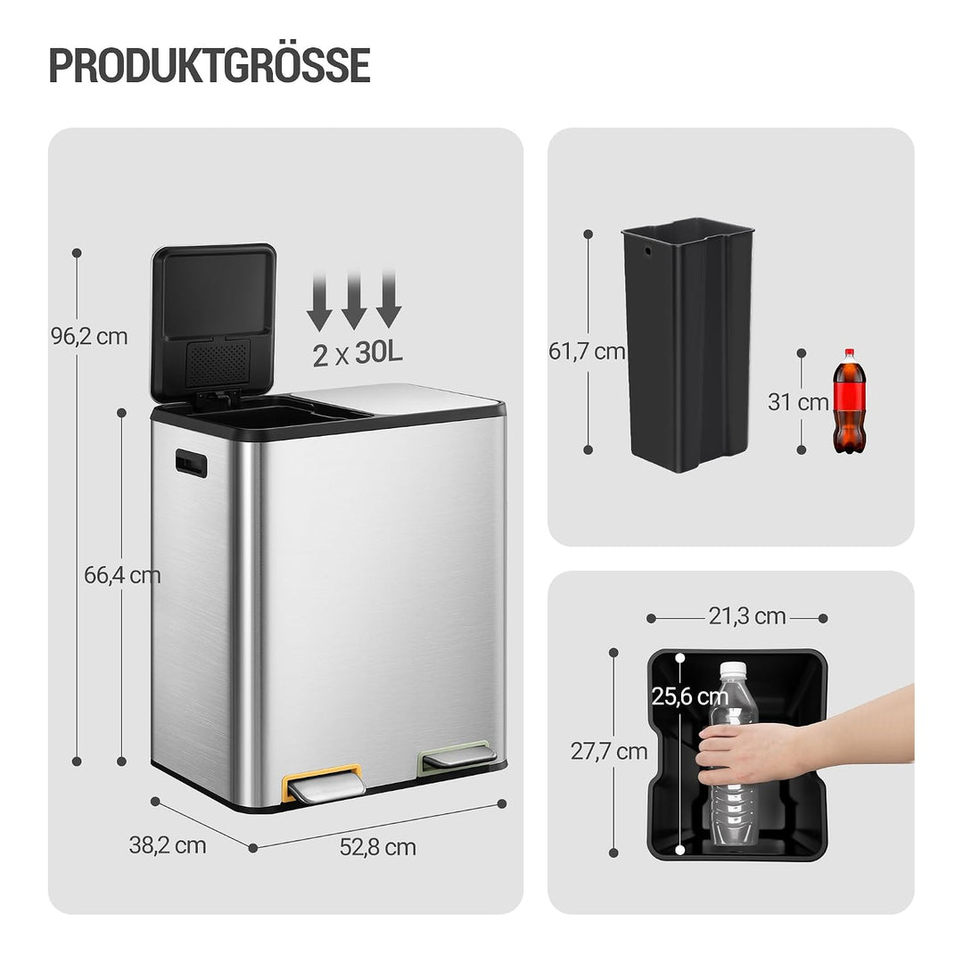 Hzuaneri Mülleimer Küche, Mülltrennsystem 2 Fächer 60L (2 x 30 L), Edelstahl-küchenmülleimer mit far