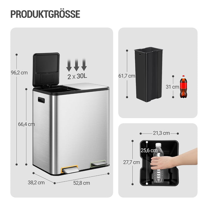 Hzuaneri Mülleimer Küche, Mülltrennsystem 2 Fächer 60L (2 x 30 L), Edelstahl-küchenmülleimer mit far