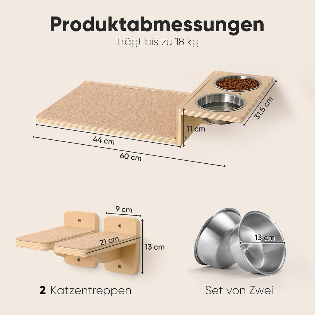 FUKUMARU Kletterwand Katzen Set, 2 Katzentreppe aus Massives Gummiholz, Katzenwand mit Katzennapf au