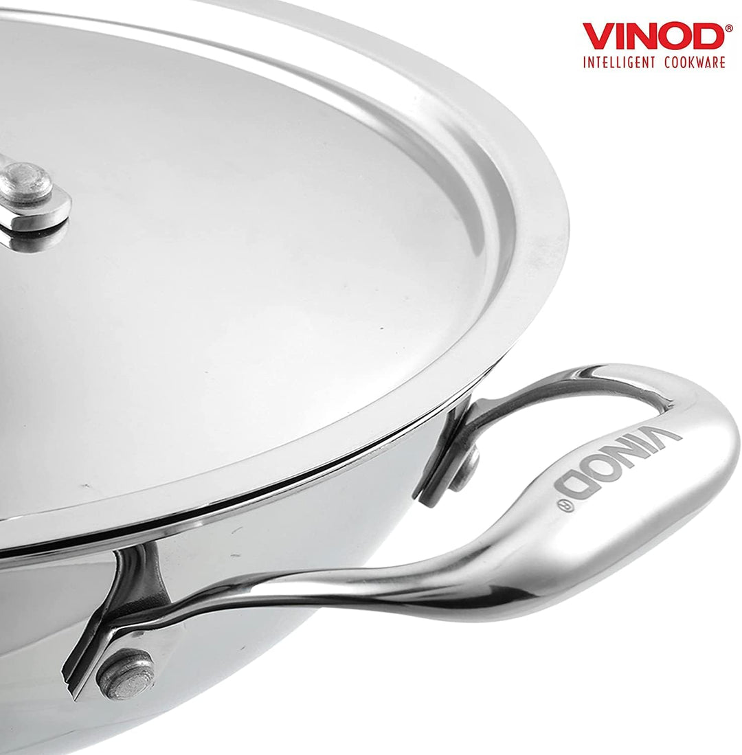 Vinod Kadai Wok-Kasserolle, extra tief, platiniert, dreilagig, induktionsfreundlich, Bratpfanne für