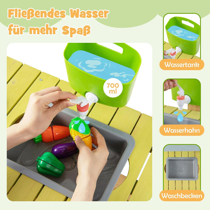 DREAMADE Matschküche Kinder Outdoor, Kinderküche mit Wassertank, Wasserhahn, Herd &amp; abnehmbarem Rega
