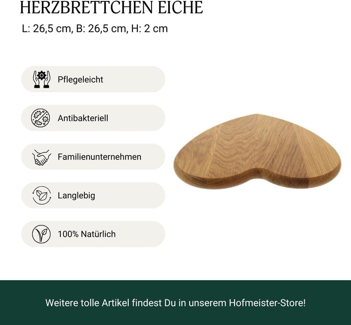 HOFMEISTER® Herzbrettchen Eichenholz - Rustikales Frühstücksbrett mit Herzform - Nachhaltiges Holzbr