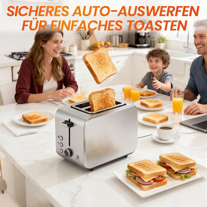 Toaster 2 Scheiben Doppelschlitz Edelstahl 850W Kompakt Frühstück
