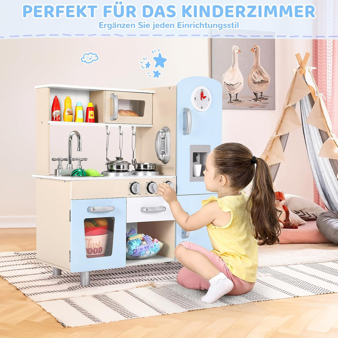 MAMIZO Spielküche mit Licht und Sound, Kinderküche Holz, Puppenküche mit Herd, Eismaschine, Telefon,