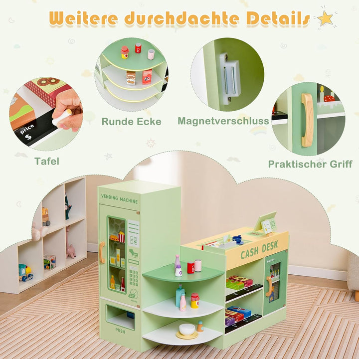 DREAMADE Kasse Kaufladen Kinder, Kaufmansladen Holz mit realistischer Kasse &amp; Verkaufsautomat, Spiel