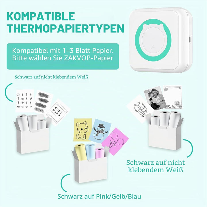 ZAKVOP Mini drucker 300DPI, Mini drucker Aufkleber, Mini drucker für Smartphone, Bluetooth tragbarer
