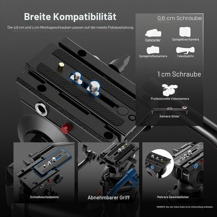NEEWER Basic 74“ Videostativ mit Fluidkopf [Basisversion], Metall Kamerastativ mit sanfter Reibungsd