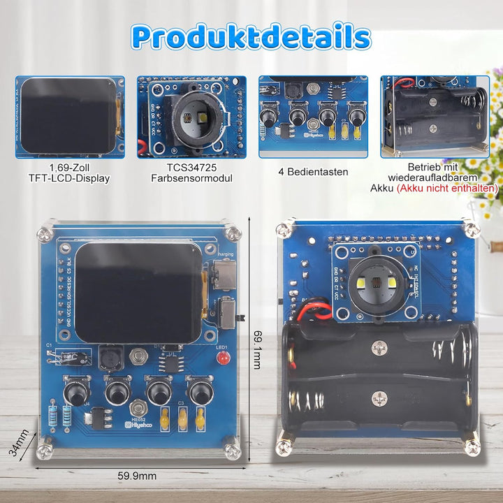 Farberkennung Löt Bausatz, DIY Elektronik Bausatz mit RGB Farbsensor, Farbscanner mit 4 Modi für Sca