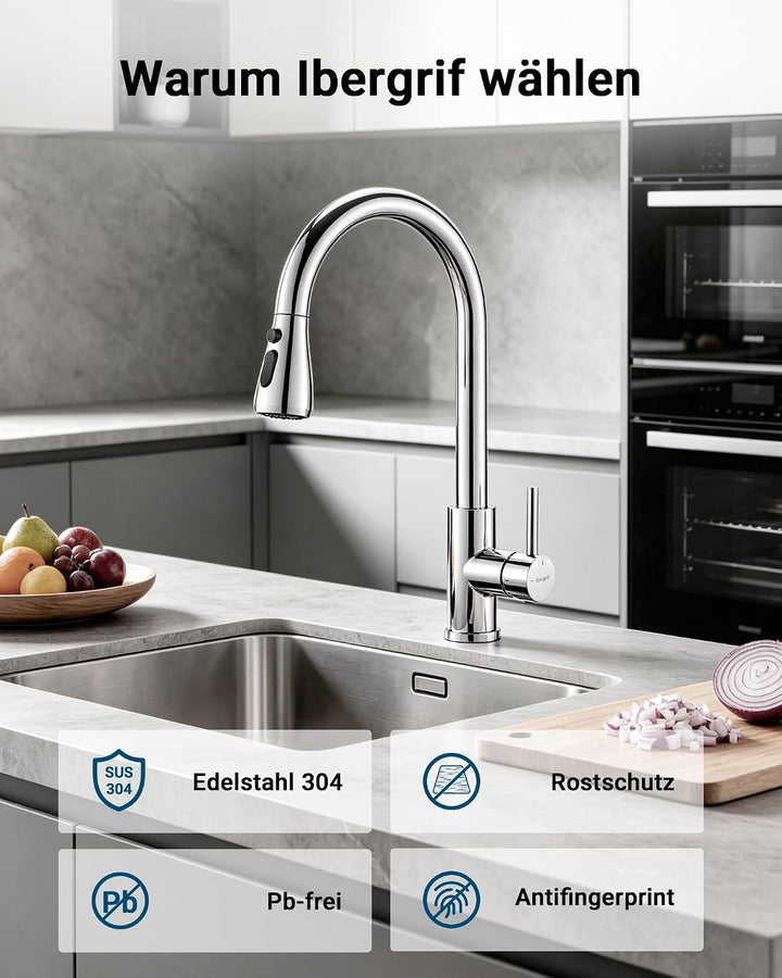Ibergrif M22136 Wasserhahn Küche Ausziehbar Mischbatterie- Küchenarmatur Edelstahl 360° Schwenkbar,