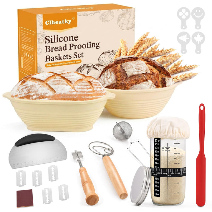 Sauerteig Starter Set, Rund &amp; Oval Gärkörbchen mit Komplettem Brotback-Set, Glas für Sauerteigstarte