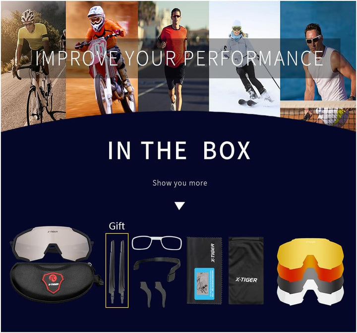 X-TIGER Fahrradbrille, Herren Damen Sportbrille, UV400 mit 5 Wechselgläser,Starker TR90 Frame, mit M