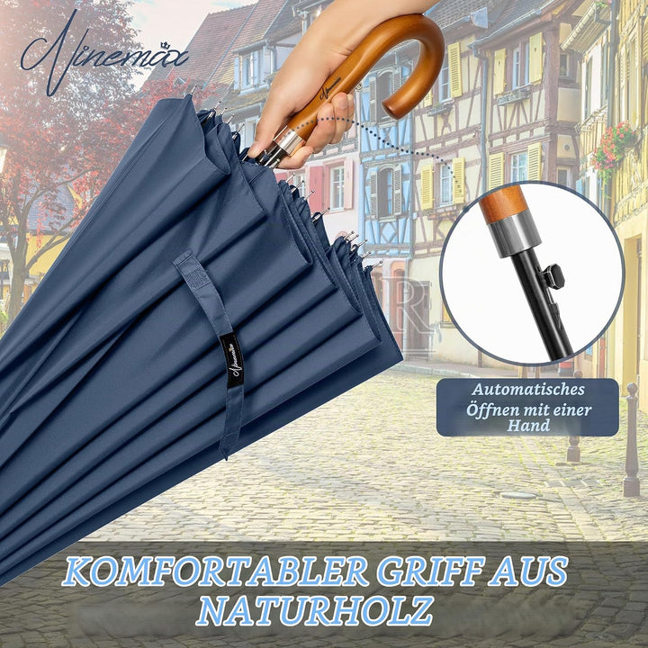 NINEMAX Regenschirm Stockschirm Sturmfest für Herren Damen, Grosser Regenschirm Holzgriff, Classic S
