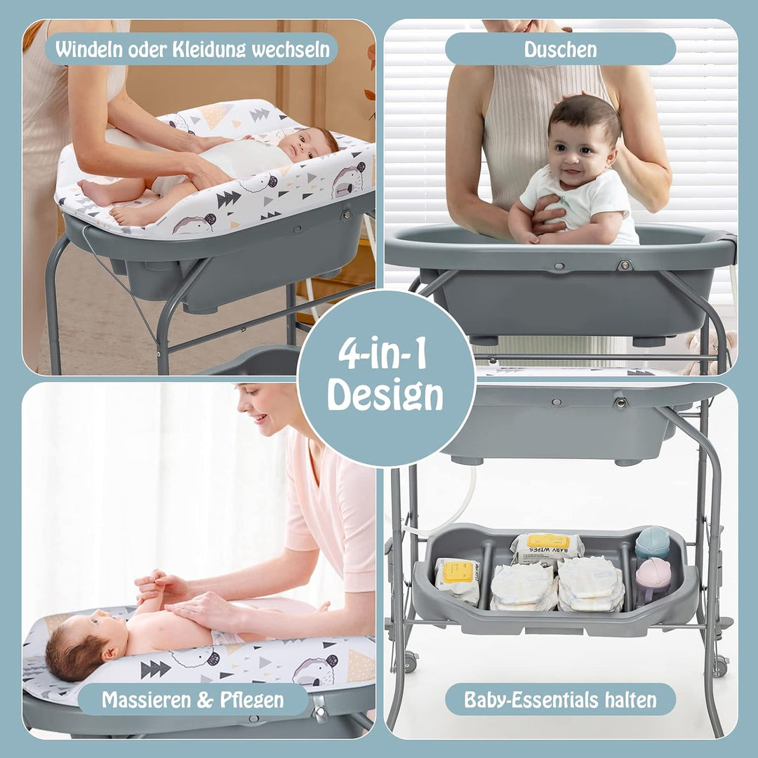 DREAMADE 2 in 1 Wickeltisch &amp; Badewanne mit Gestell, Wickeltisch Klappbar, Wickelkommode auf Rollen