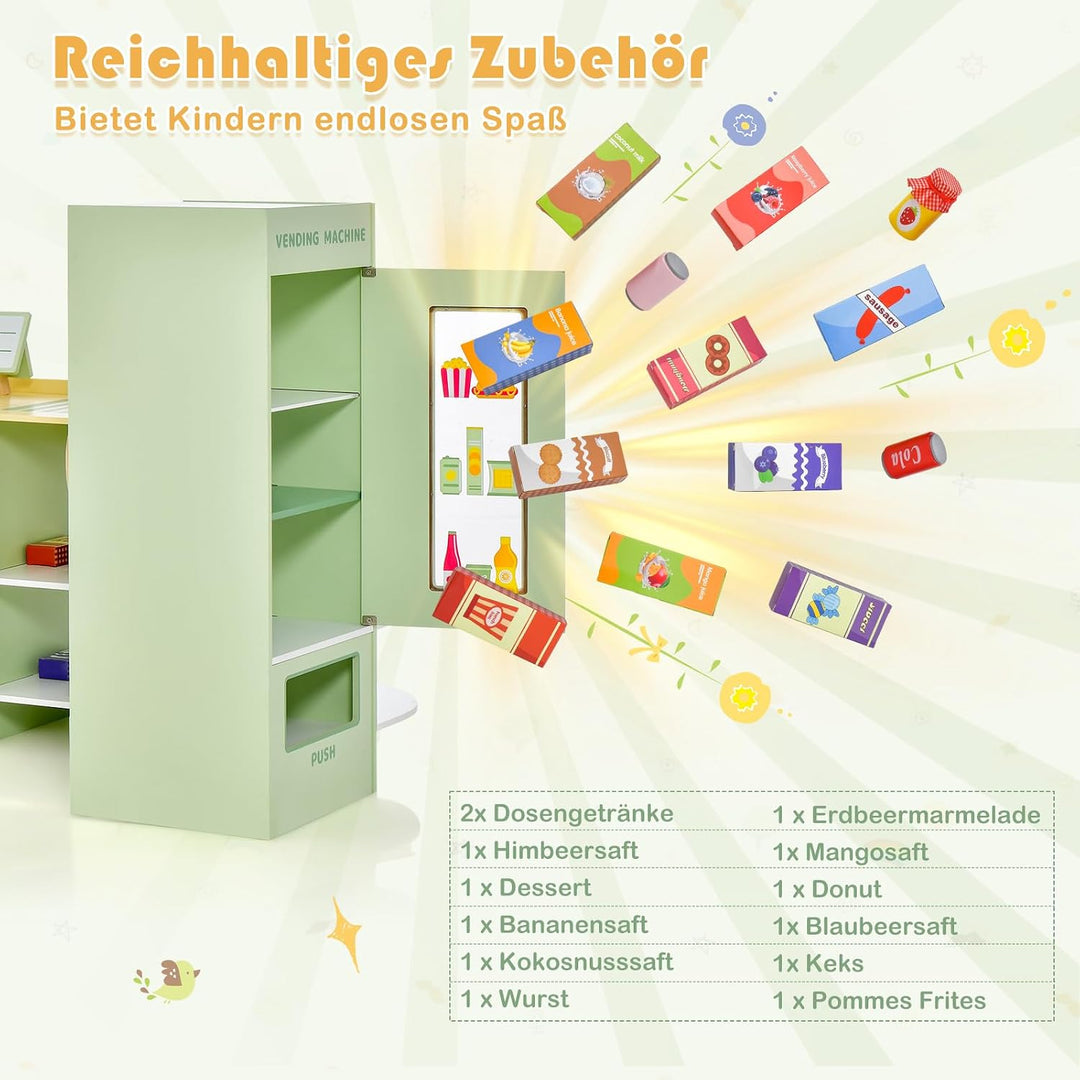 DREAMADE Kasse Kaufladen Kinder, Kaufmansladen Holz mit realistischer Kasse &amp; Verkaufsautomat, Spiel