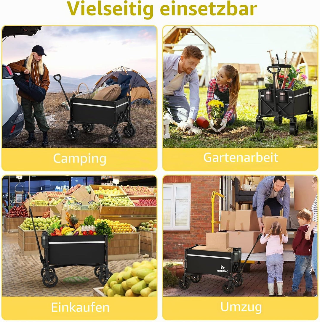 ROSONG Faltbarer Bollerwagen mit Rädern, zusammenklappbar, robust, für Einkäufe, Sport, Garten, Eink