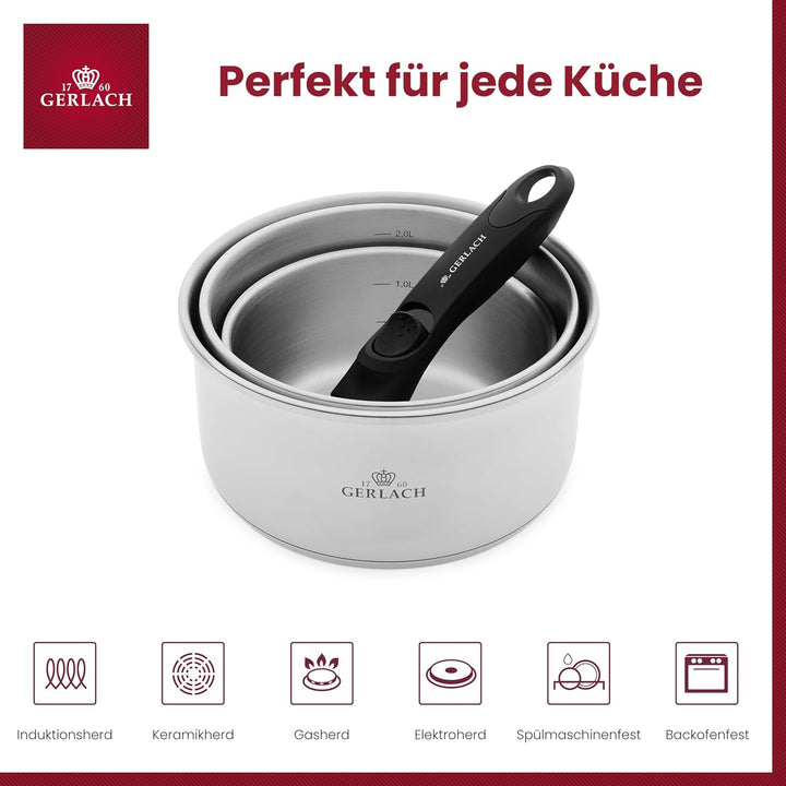 Gerlach Smart Steel Topf-Set Edelstahl Abnehmbarer Griff Kochtopf-Set Induktion Induktionstöpfe-Set