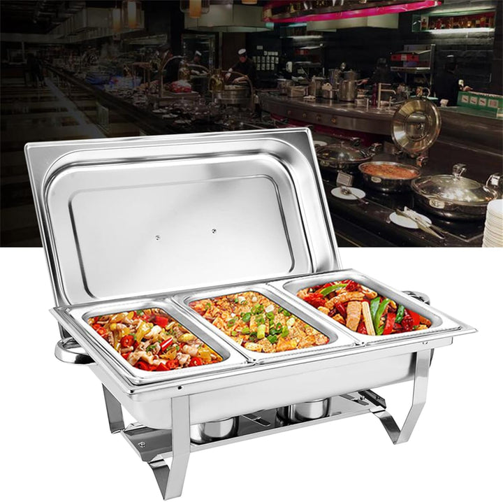 9L 3 Grid Chafing Dish Speisenwärmer, 9L Edelstahl Warmhaltebehälter Buffetwärmer mit Deckel Profi S