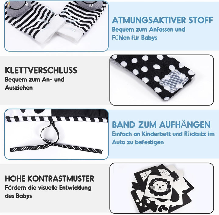 Kontrastbuch Baby Schwarz Weiss Spielzeug, Kontrastkarten Baby Spielzeug 0-12 Monate Rasselsocken Ba