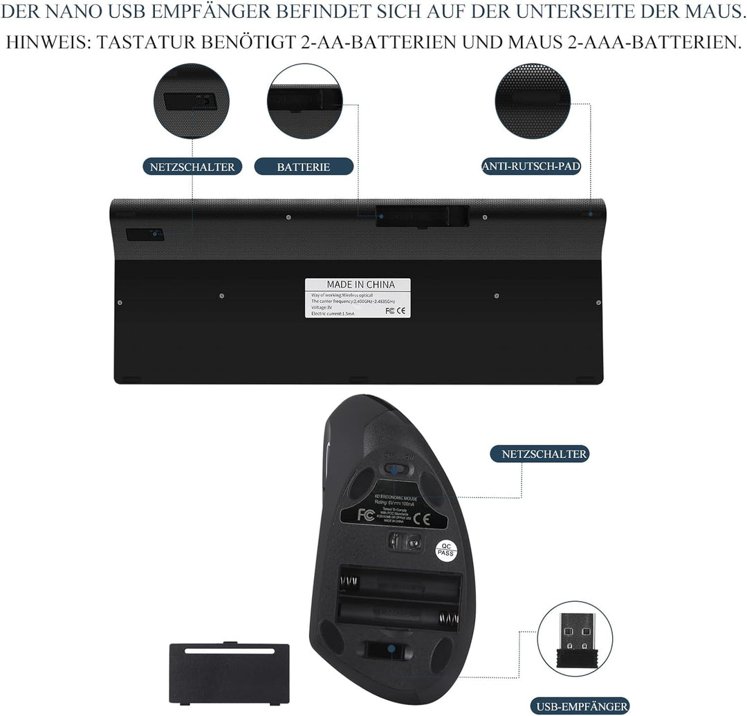 2,4 GHz Kabellose Vertikale Ergonomische Maus und Tastatur Combo Ultradünne tragbare Grösse für PC D