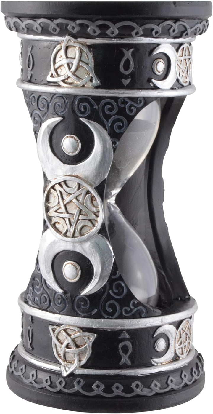 Wicca Sanduhr Silber-schwarz mit schwarzem Sand, aus Kunststein angefertigt und von Hand bemalt