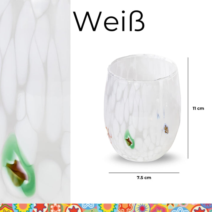 Wassergläser, hergestellt nach der Tradition der Murano-Handwerker, mundgeblasenes und handgearbeite