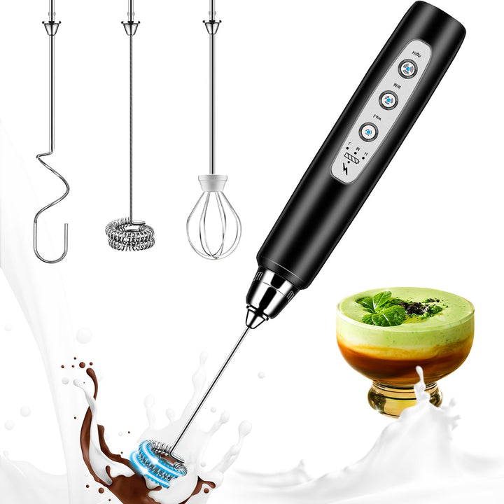 Milchaufschäumer Elektrisch mit 3 Quirl USB-C Wiederaufladbar Milchschäumer Schwarz ohne Ständer, Sc