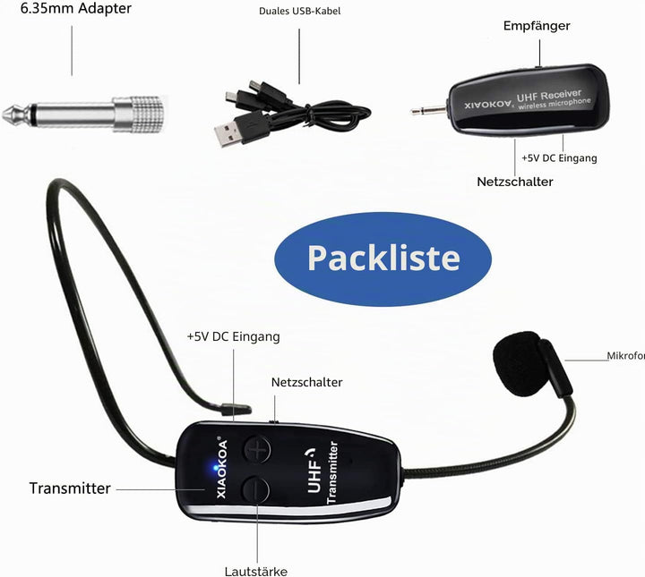 Kabelloses Mikrofon Headset, UHF Kabelloser Mic, USB-C Ladeanschluss Drahtloses Microphone, 50m Kabe