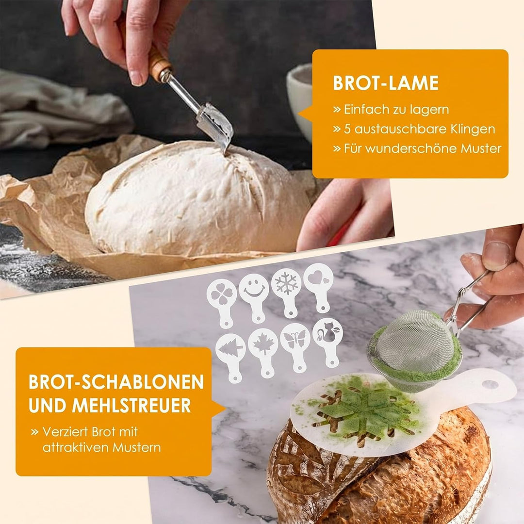 Sauerteig Starter Set, Rund &amp; Oval Gärkörbchen mit Komplettem Brotback-Set, Glas für Sauerteigstarte