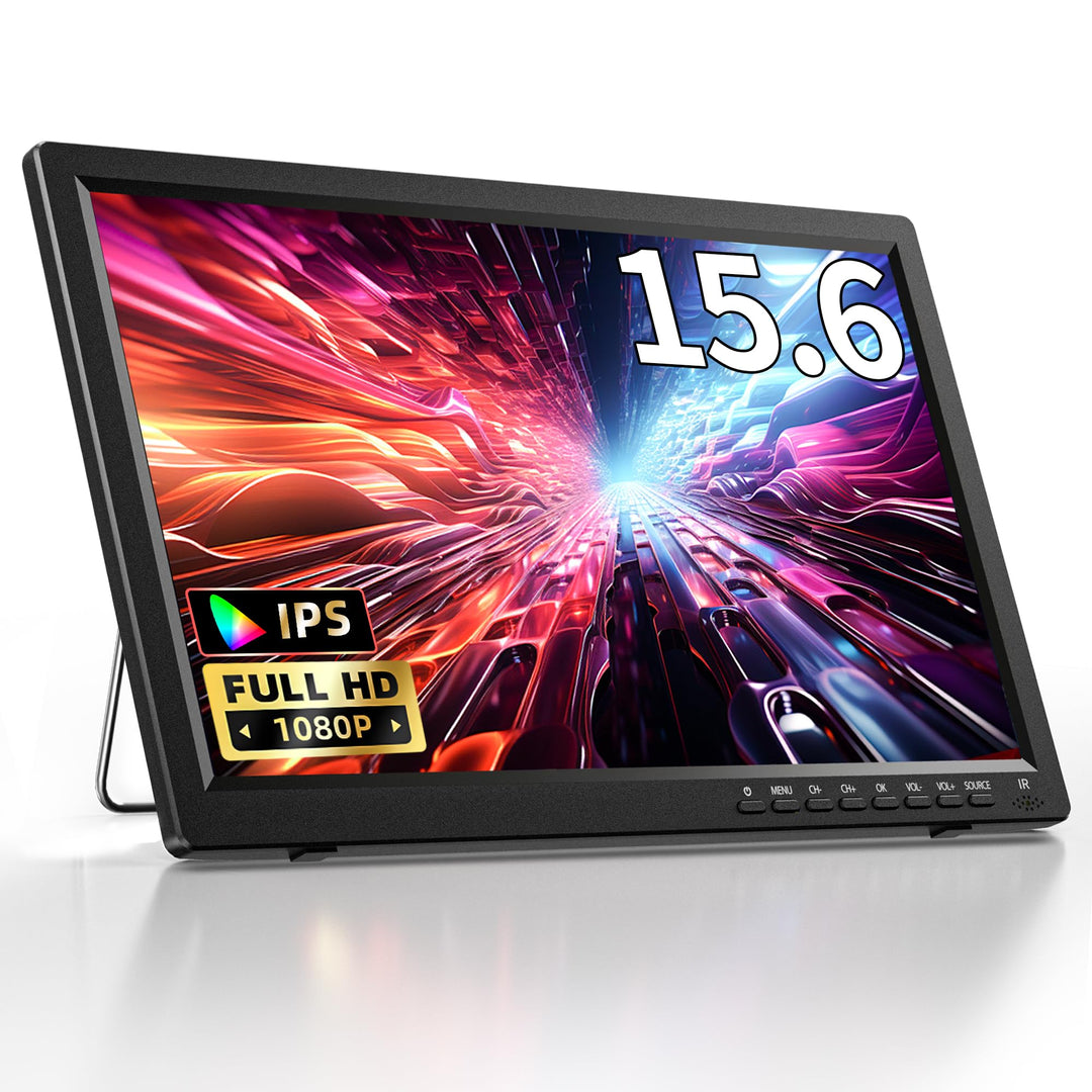 DESOBRY Tragbarer Fernseher 15,6 Zoll 1080P | DVB-T2, USB HDMI AV-Eingang, 12V TV Mit Akku für Campi