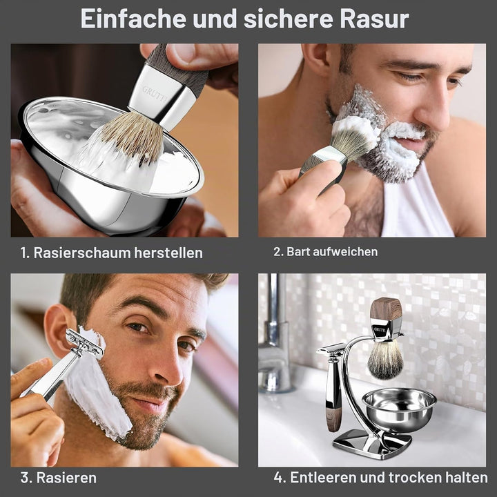 GRUTTI Vintage Deluxe Rasierset：Nassrasier-Set mit Magnet-Schale, Edelstahl Bürstenständer&amp; Anti-Rut