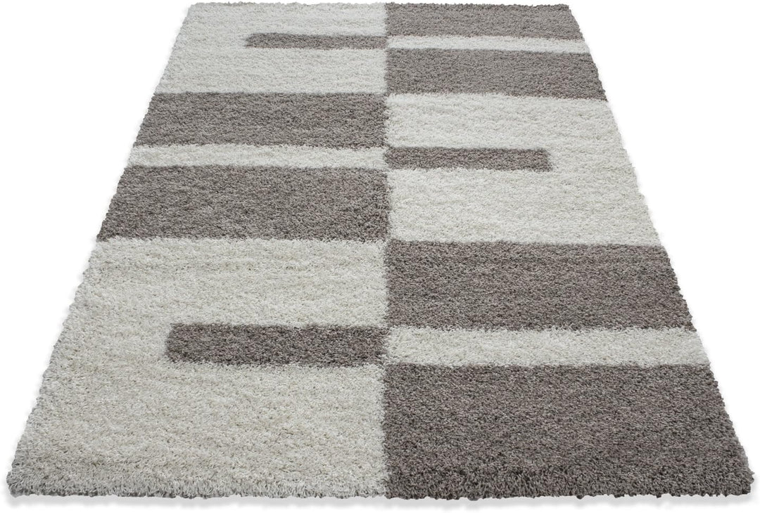 Teppium Shaggy Hochflor Teppich Läufer Flur 80 x 250 cm Beige - Kariertes Flauschiger Teppich, Weich
