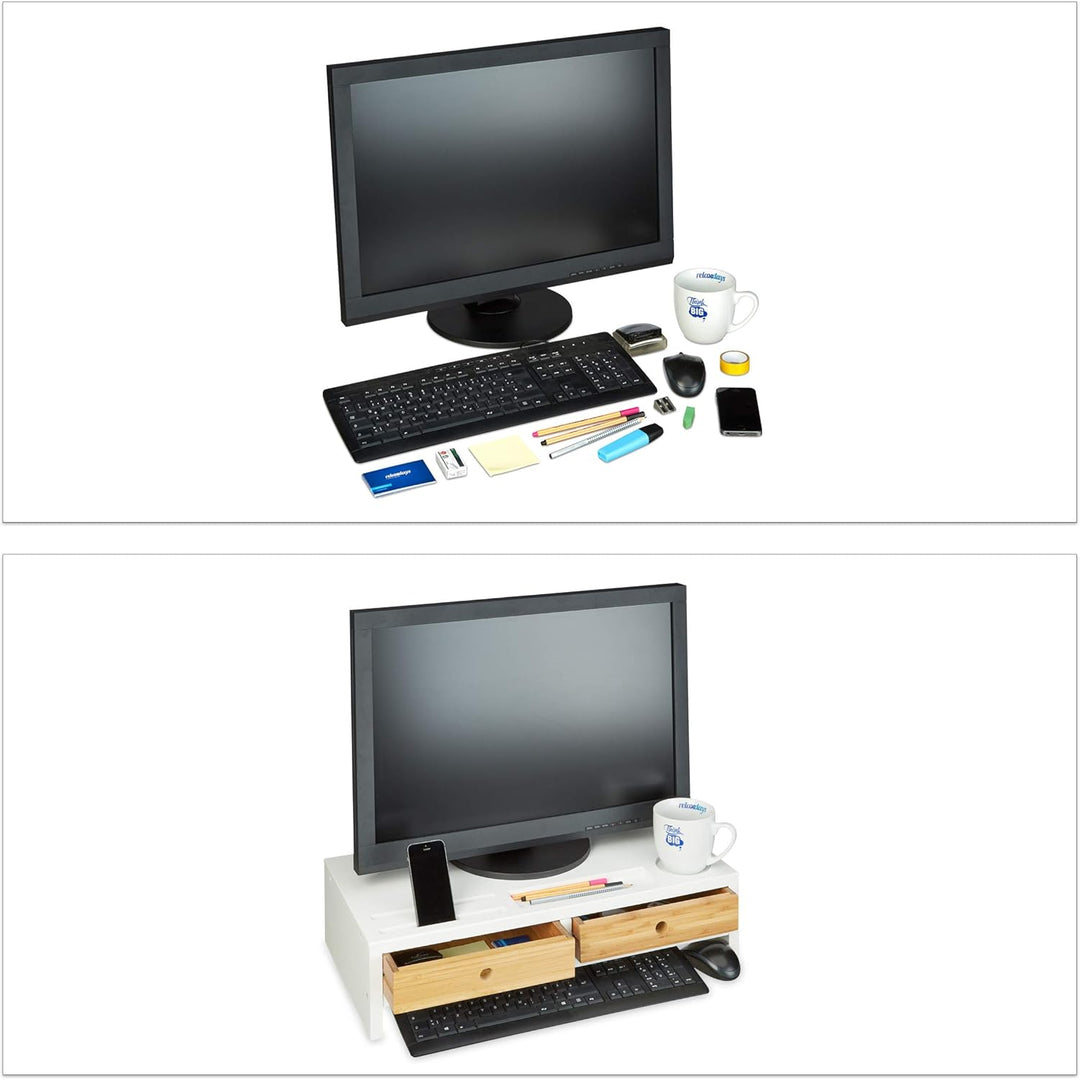 Relaxdays Monitorständer Bambus, Bildschirmerhöhung mit 2 Schubladen &amp; Fächern, Lapdesk HBT 14 x 60