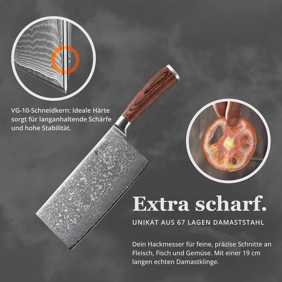 Wakoli EDIB Sakura Hackmesser 19 cm | Damast Hackbeil &amp; Kochmesser aus 67 Lagen mit VG10 Kern, robus