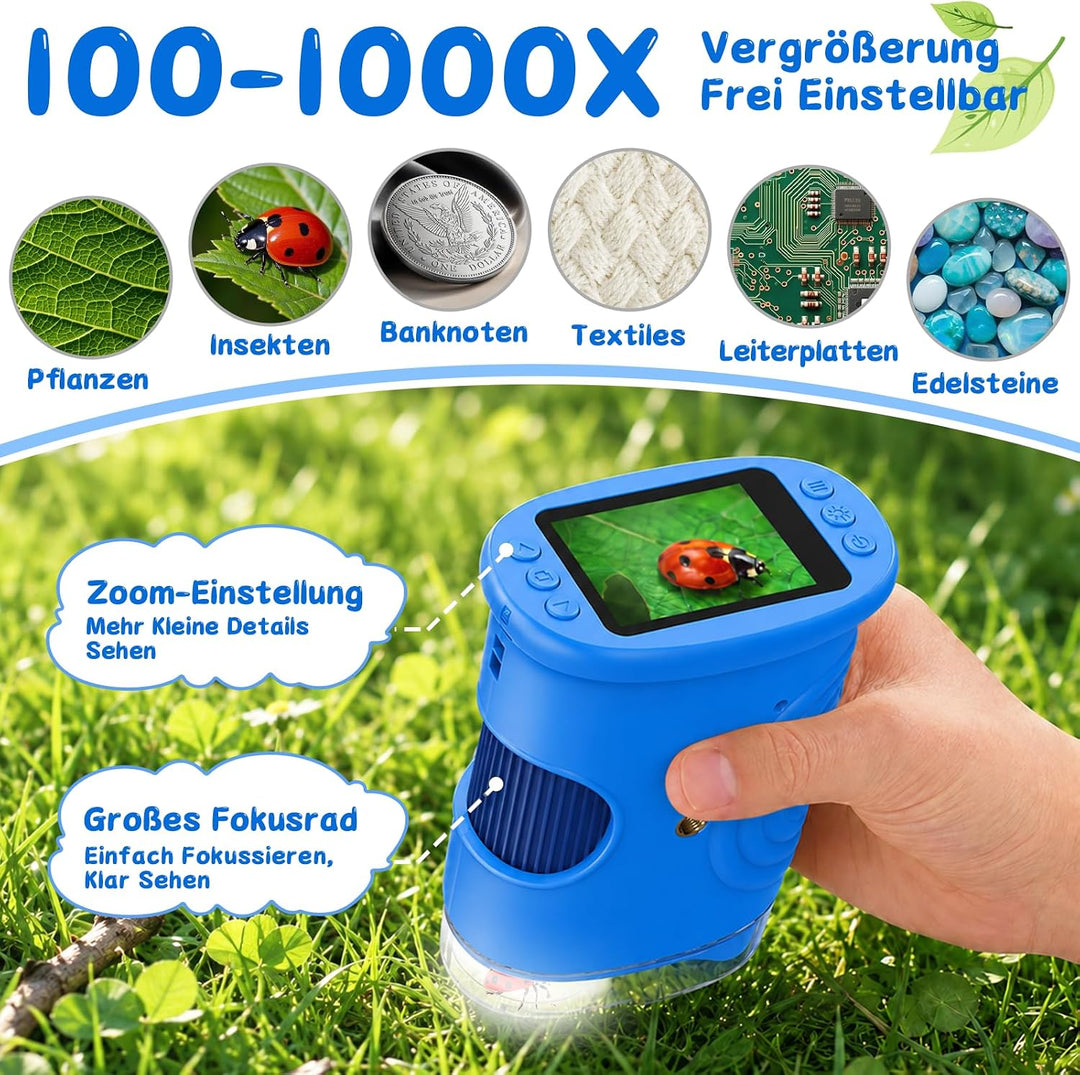 Digitales Mikroskop für Kinder 1000X, Abenteurer Mikroskop für Kinder mit 2 Zoll HD-Bildschirm, 8 LE