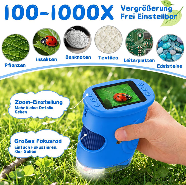 Digitales Mikroskop für Kinder 1000X, Abenteurer Mikroskop für Kinder mit 2 Zoll HD-Bildschirm, 8 LE