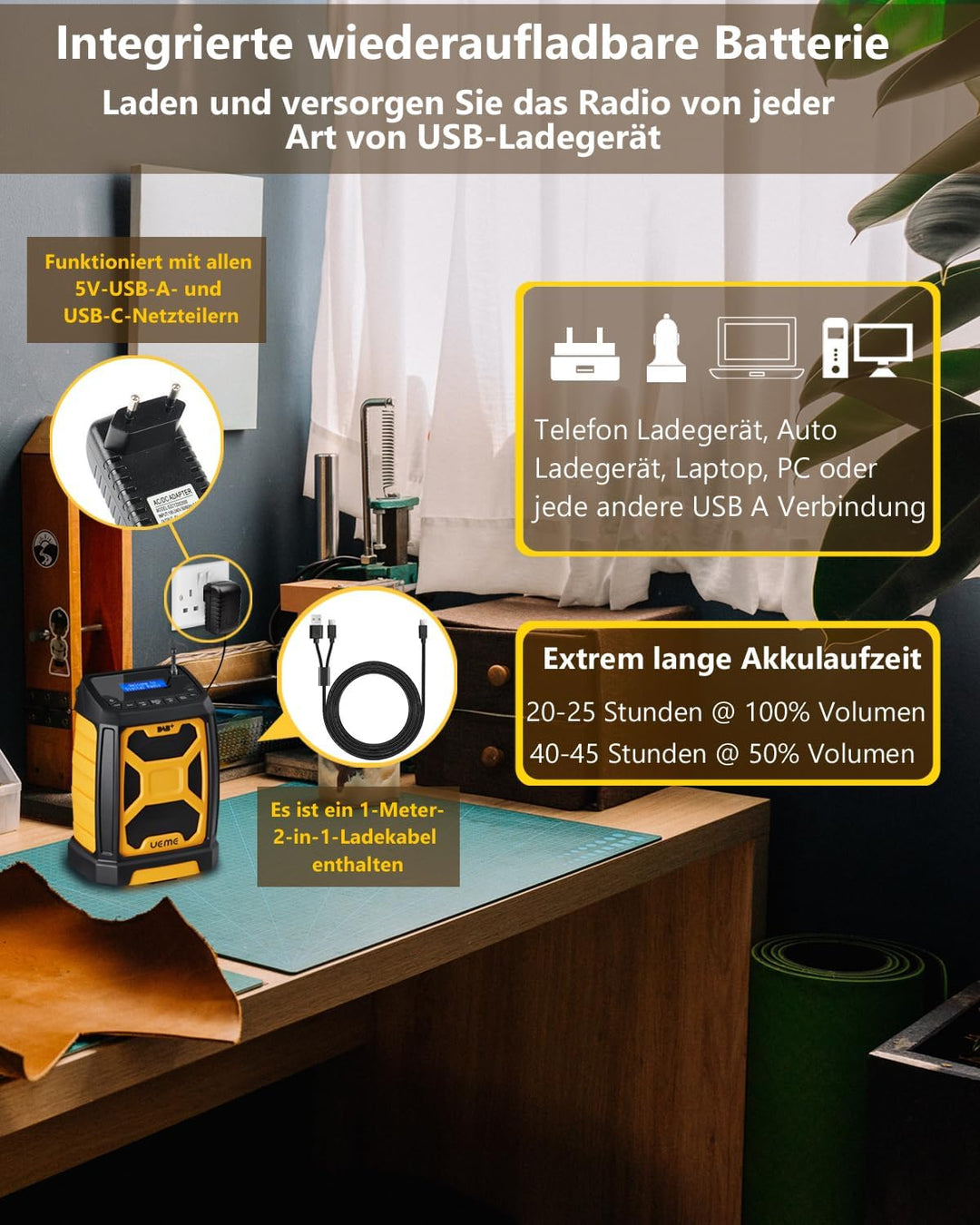 Baustellenradio Mit Akku Aufladbar (6000mAh), Tragbares DAB+/FM Radio, Bluetooth Lautsprecher &amp; Dual