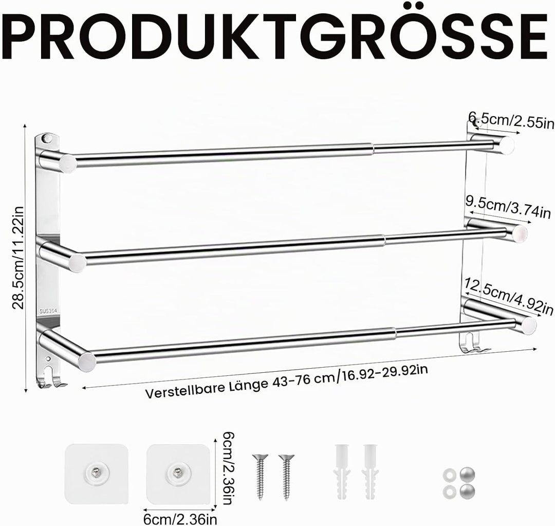 Handtuchhalter Wand Edelstahl 3-Schicht, Ausziehbar 43-76cm, für Bad