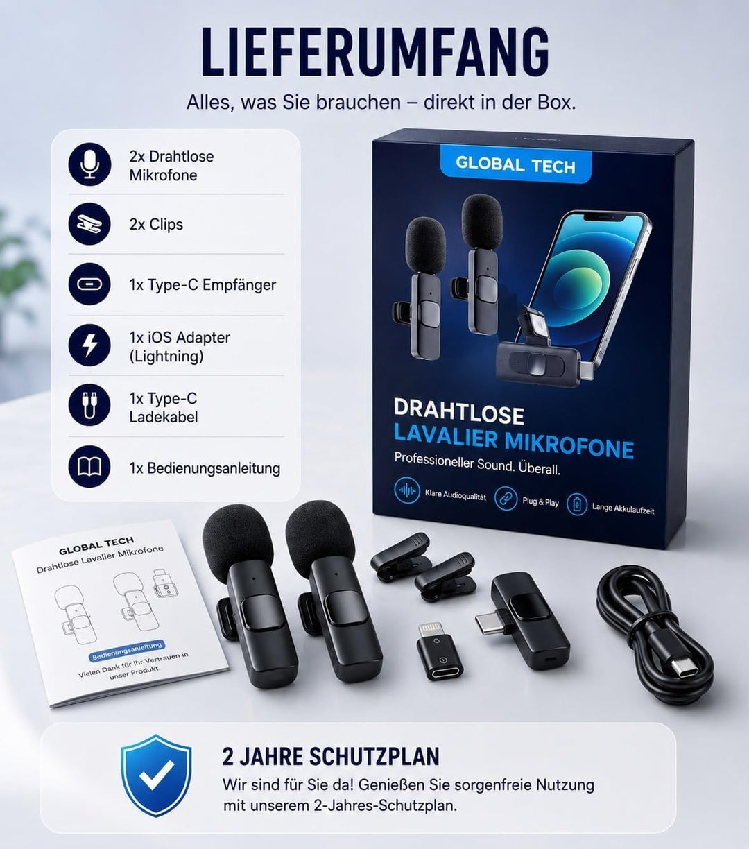 GLOBAL TECH Kabellose Lavalier Mikrofone für iPhone/Android/iPad/Tablet - Mini Mikrofon für Handy mi