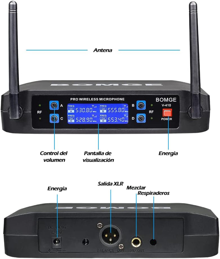 BOMGE Kabelloses Mikrofonsystem, Pro 4-Kanal schnurloses Mikrofon-Set mit vier Handmikrofonen, feste
