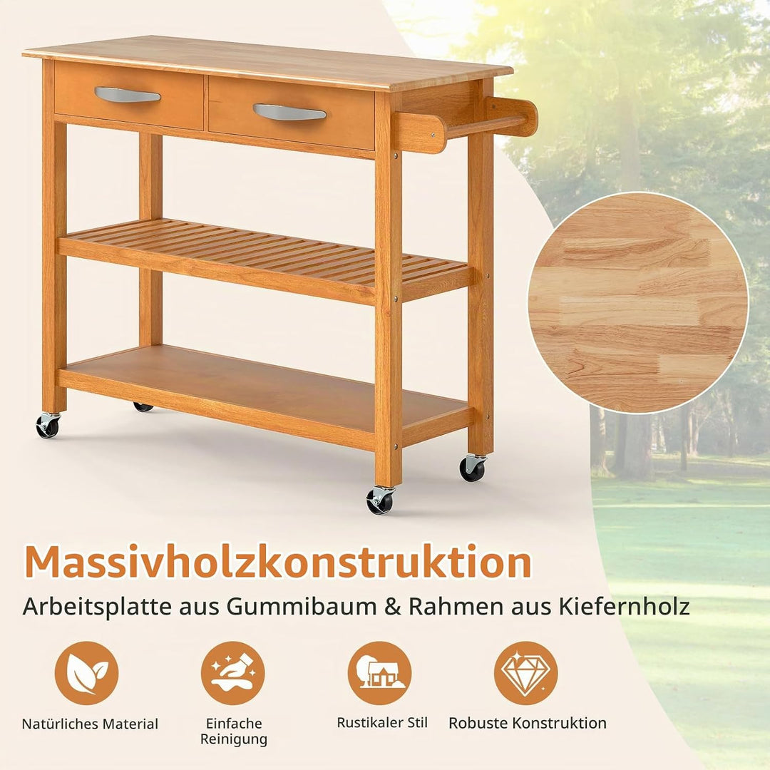 FANTASK Servierwagen mit 2 Ablagen, Rollwagen Holz mit Arbeitsplatte, Küchenwagen mit 2 offenen Rega