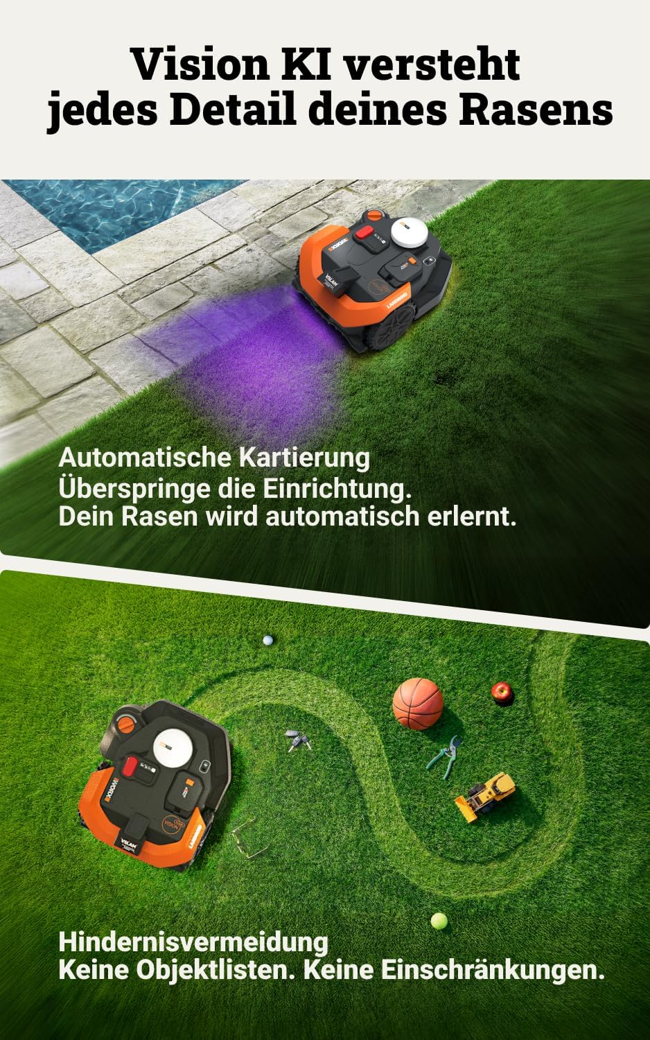 WORX Landroid Vision Cloud WR318E 2WD Mähroboter ohne Begrenzungskabel für 1800 m² (KI-Hinderniserke