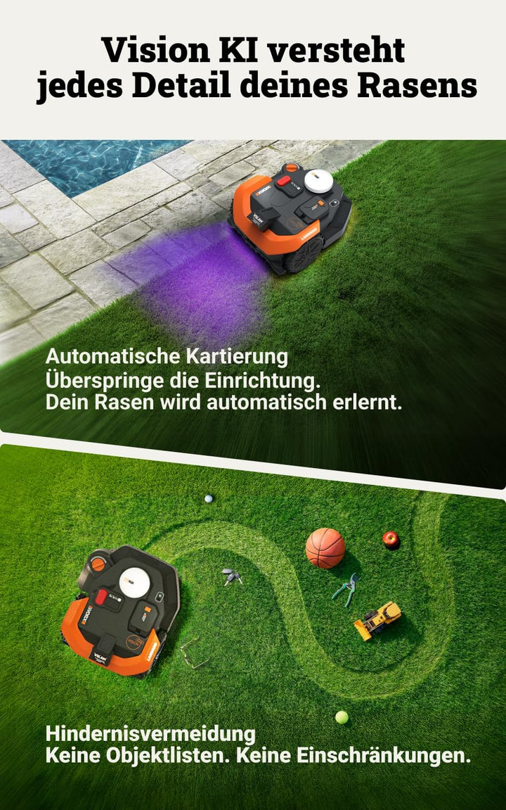 WORX Landroid Vision Cloud WR318E 2WD Mähroboter ohne Begrenzungskabel für 1800 m² (KI-Hinderniserke