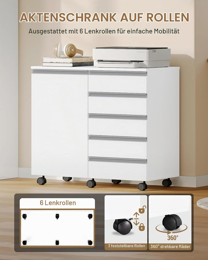 Hzuaneri Rollcontainer mit 5 Schubladen &amp; Schranktür, Mobiler Aktenschrank mit Rollen, platzsparende
