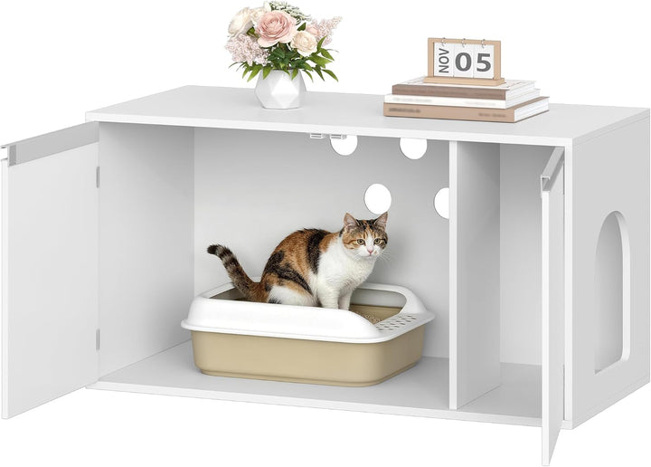 Hzuaneri Katzenschrank, 100cm Katzenklo Schrank Abnehmbarer Trennwand, Weiss | Katzenhaus Verstellba