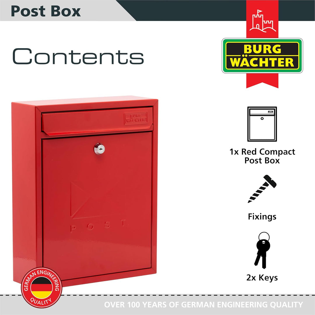 BURG-WÄCHTER MB05R Compact Briefkasten aus verzinktem Stahl zur Wandmontage, Pillarbox Red, Pillarbo