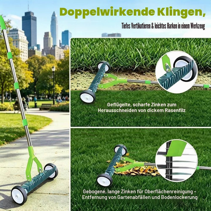 Handvertikutierer mit Rollen 165cm, vertikutierer Hand mit Gartenabfallsack, vertikutierrechen mit s