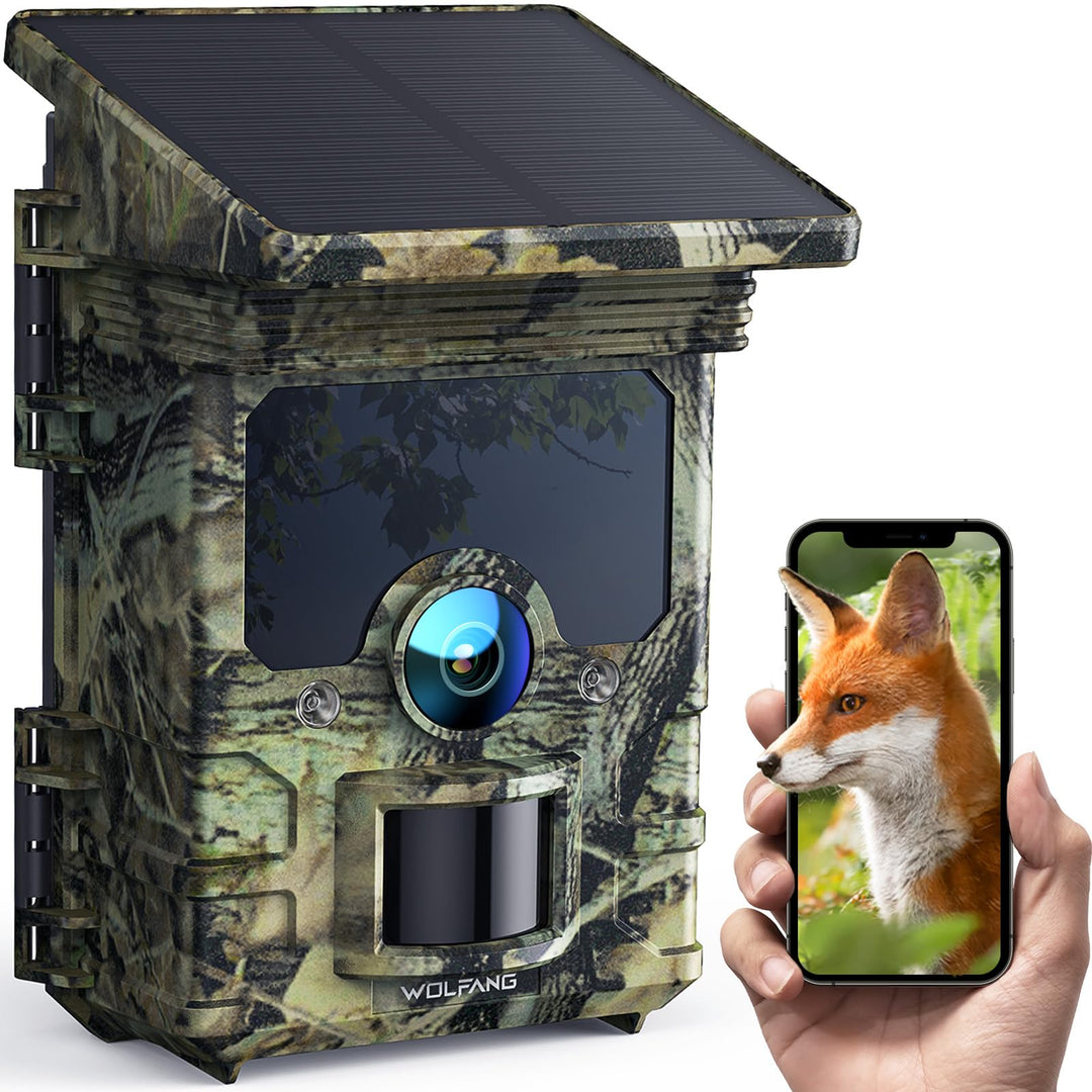 WOLFANG Wildkamera, 4K Solar Video Wildtierkamera, 68MP Full HD WLAN mit Handyübertragung APP, Beweg