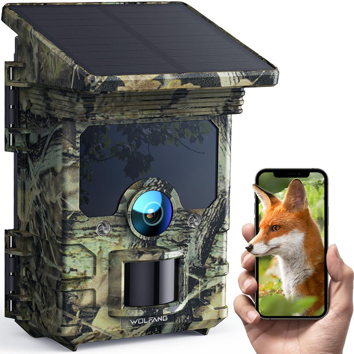 WOLFANG Wildkamera, 4K Solar Video Wildtierkamera, 68MP Full HD WLAN mit Handyübertragung APP, Beweg