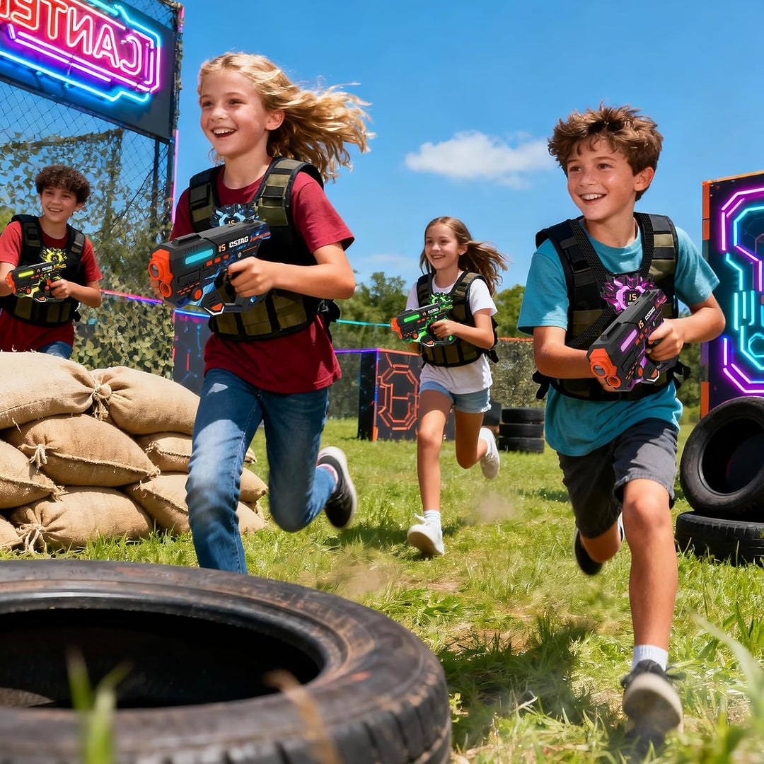 VATOS Wiederaufladbares Laser Tag Set mit 360°Sensoren für 4 Spieler, 2,4 GHz Infrarot Echtzeit Date