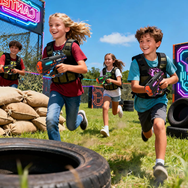 VATOS Wiederaufladbares Laser Tag Set mit 360°Sensoren für 4 Spieler, 2,4 GHz Infrarot Echtzeit Date